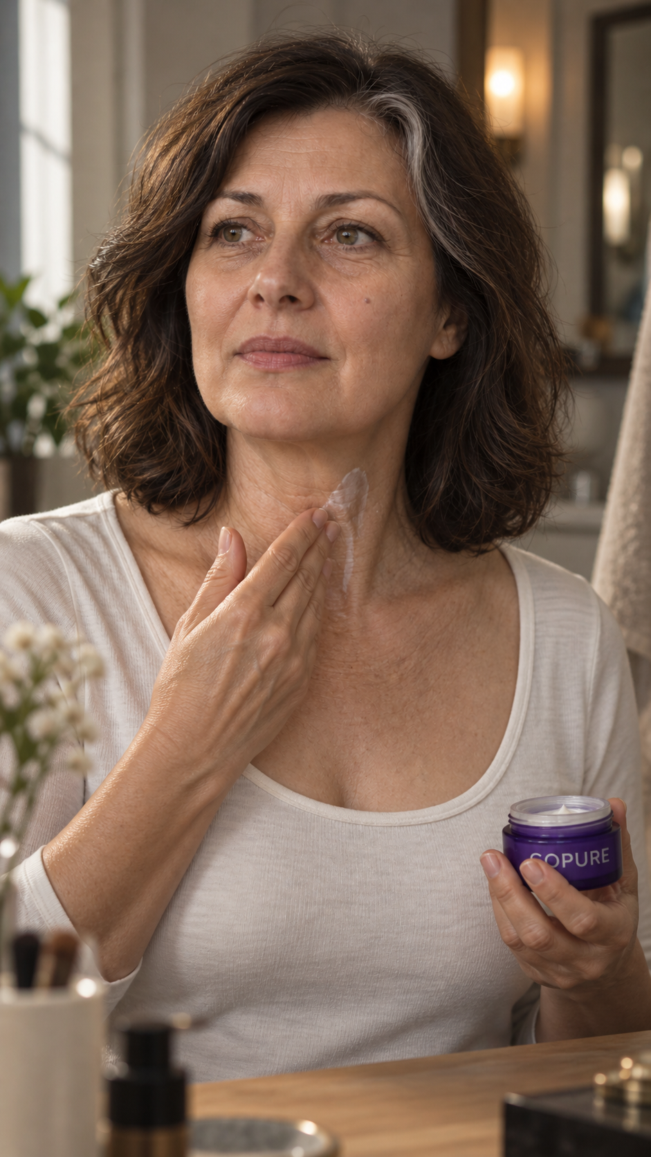 C14: Show actual fingers moving cream upward on the correct neck.
